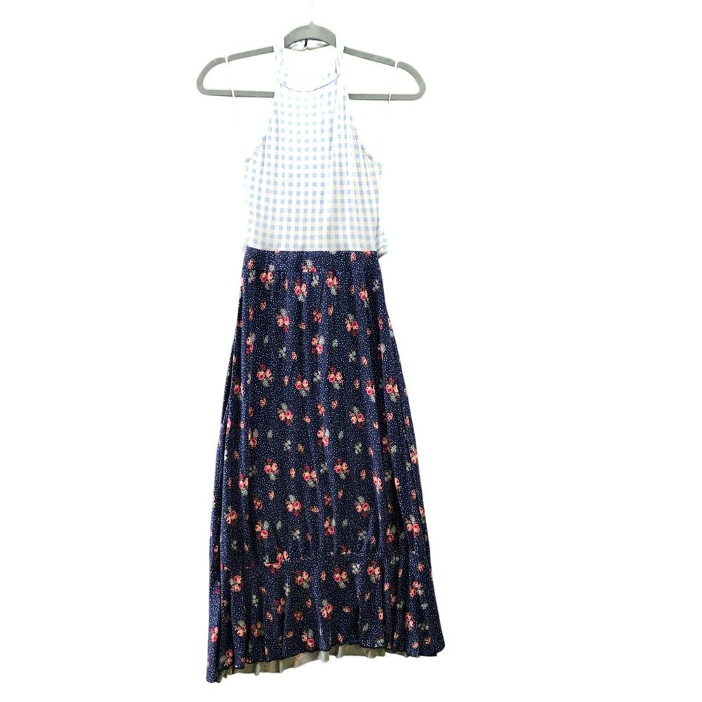 ASOS Midi‎ Dress Size 4 (S) Blue Gingham Floral Halter Jersey Knit Tie Back